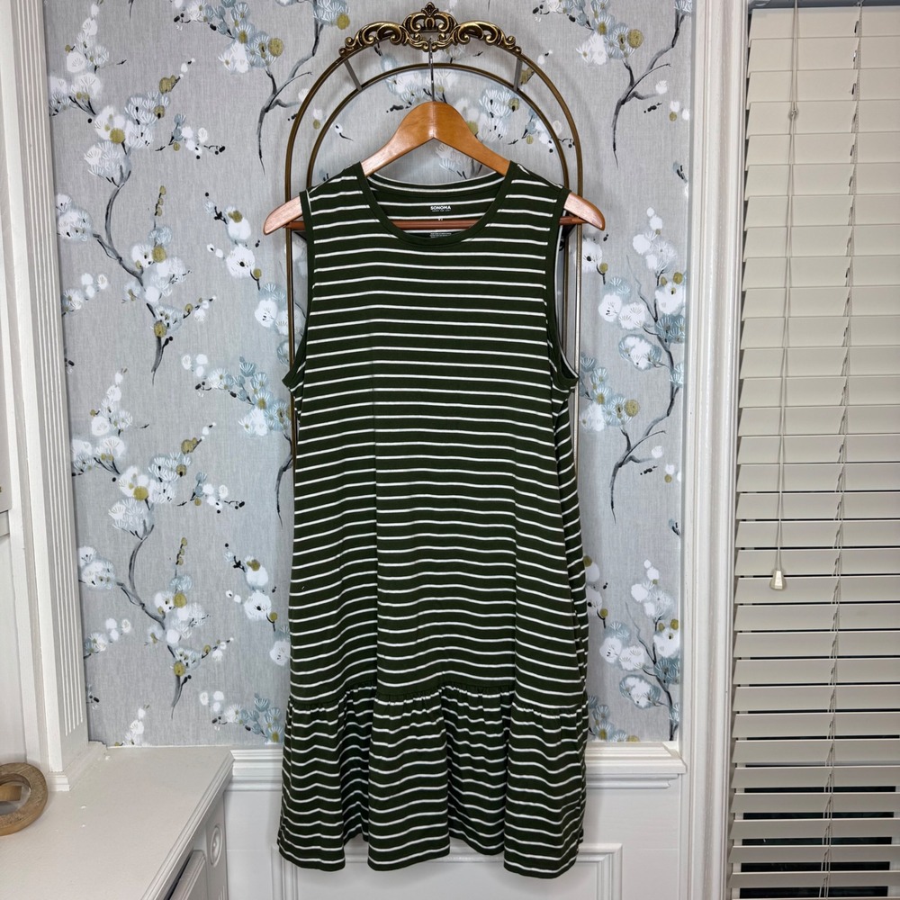 Sonoma Goods For Life Womens XL Green White Striped Sleeveless Ruffle Hem Dress